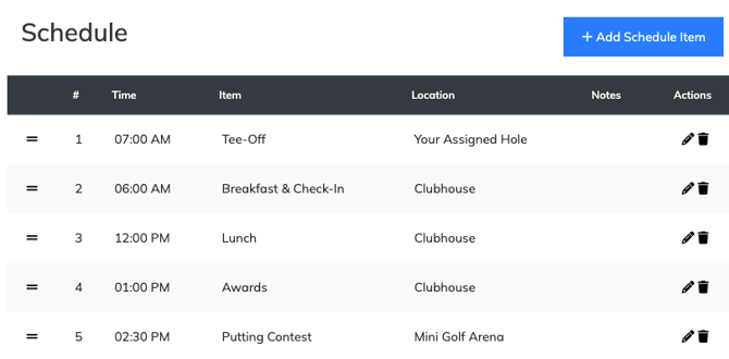 Event Caddy Event Schedule showing tournament-day Schedule items and controls.