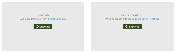 Event Caddy Website Editor showing the Tournament Website Schedule visibility control.