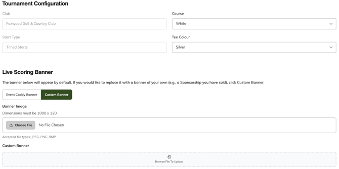 Live Scoring Settings showing the selected course, tee colour, and Live Scoring Banner options.