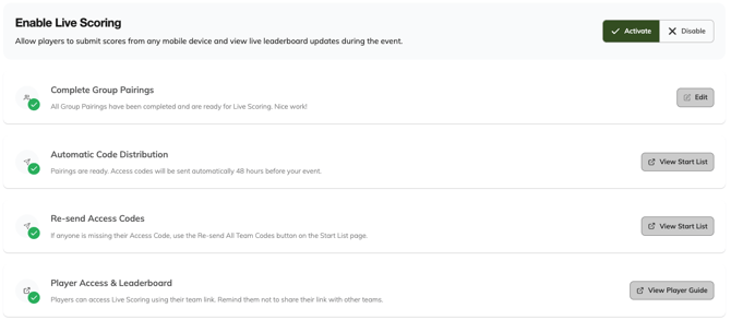 Event Caddy Live Scoring Dashboard showing completed setup checks and the 48-hour Access Code distribution reminder.