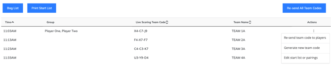 Event Caddy Start List showing Live Scoring Access Codes and options to resend or regenerate a code.