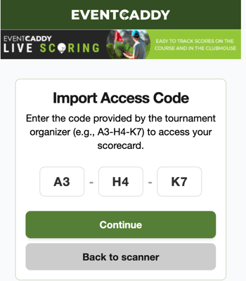 Event Caddy Live Scoring Import Access Code screen for manually entering a team Access Code.