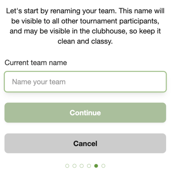Live Scoring onboarding screen prompting the player to review or rename the team before starting the round.