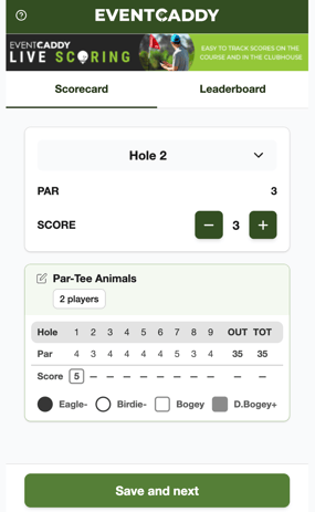 Event Caddy Live Scoring scorecard with plus and minus score controls and the team scorecard.