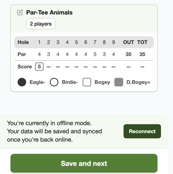 Live Scoring offline mode message explaining that scores will sync after the device reconnects.