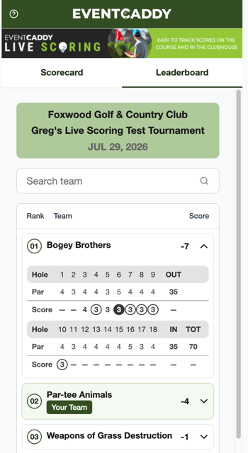 Player Live Scoring Leaderboard showing team rankings, scores, and expandable scorecards.