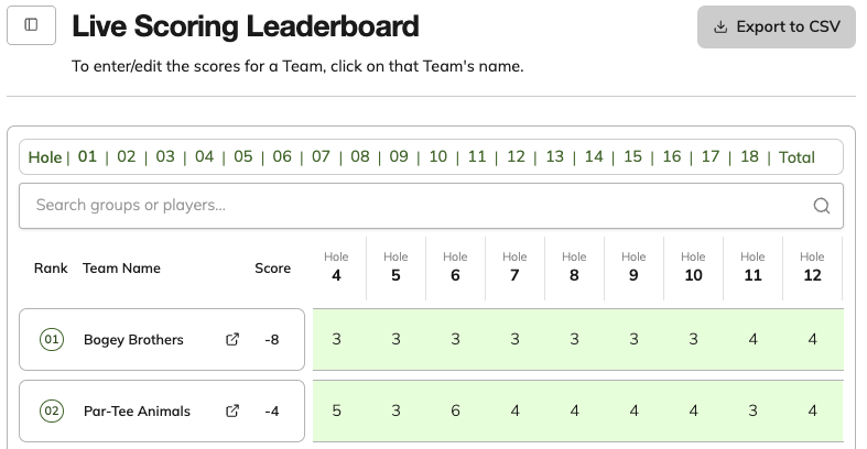Event Caddy Live Scoring Leaderboard in the organizer Dashboard showing team results, search, and Export to CSV.