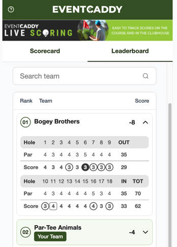 Player Live Scoring Leaderboard showing team rankings and an expanded hole-by-hole scorecard.