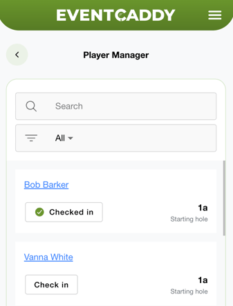Event Caddy Mobile Player Manager showing player check-in controls and starting assignments.