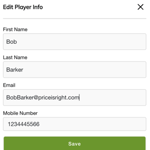 Event Caddy Mobile player edit screen with name, email address, and phone number fields.