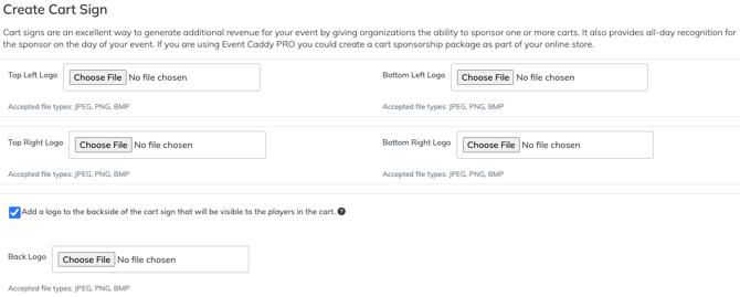 Event Caddy Cart Signage settings with logo and image options.