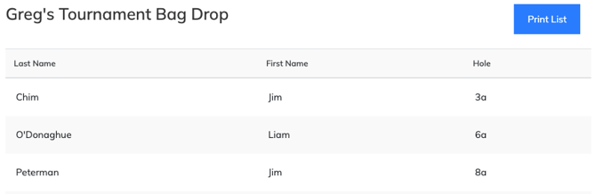 Event Caddy Bag Drop Report showing players and their starting assignments.