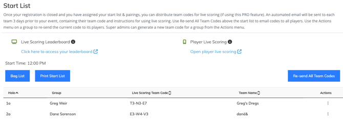 Event Caddy Start List showing starting assignments and Live Scoring Access Code controls.