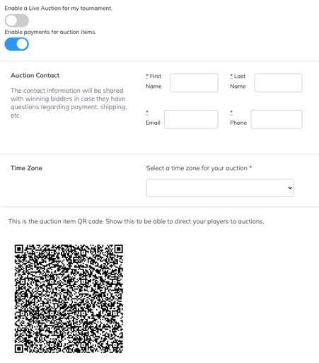 Event Caddy Auction Settings showing Tournament Website Auction visibility, Auction payments, contact information, and Time Zone settings.