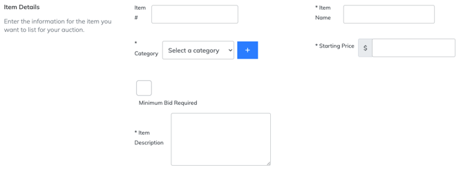 Event Caddy Auction Item setup form showing category, starting price, minimum bid increment, and item description.