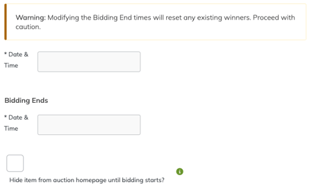 Auction Item bidding settings showing start and end times and the option to hide an item until bidding begins.