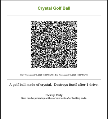 Printable Event Caddy Auction Item sheet with item name, QR code, bidding times, and item description.