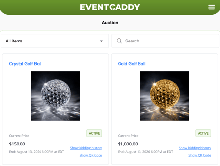 Event Caddy Auction page showing item search, Category filter, current prices, bidding status, bidding history, and QR-code links.