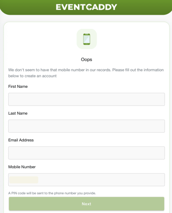 Event Caddy Guest Bidder registration form requesting name, email address, and mobile number before PIN verification.