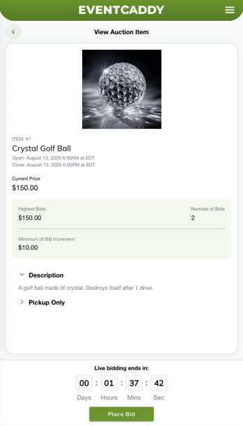 Event Caddy Auction Place Bid window showing the current price, bid amount field, and minimum bid increment.