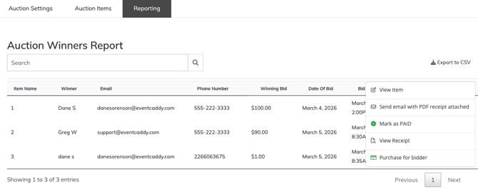 Event Caddy Auction Winners Report showing winning bidders, winning bids, payment status, CSV export, and winner actions.