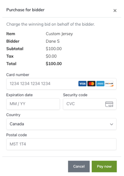 Event Caddy Purchase for bidder window for processing an Auction winner's credit-card payment.