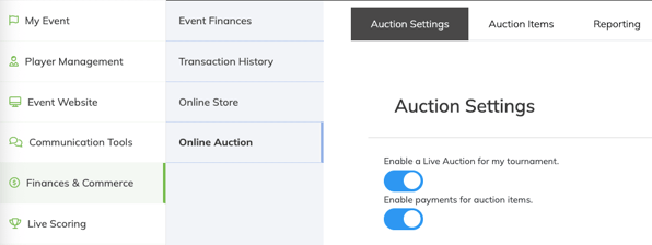 Event Caddy Online Auction area with Auction Settings, Auction Items, and Reporting tabs.
