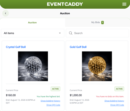 Event Caddy public Auction page showing searchable and filterable Auction Items with current prices and bidding status.
