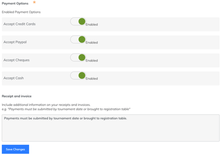 Event Caddy Payment Options settings showing credit card, PayPal, cheque, and cash controls.