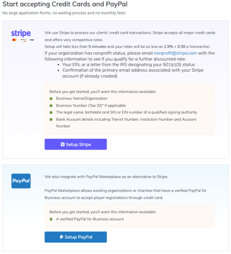 Event Caddy Payment Details page showing Setup Stripe and Setup PayPal options.