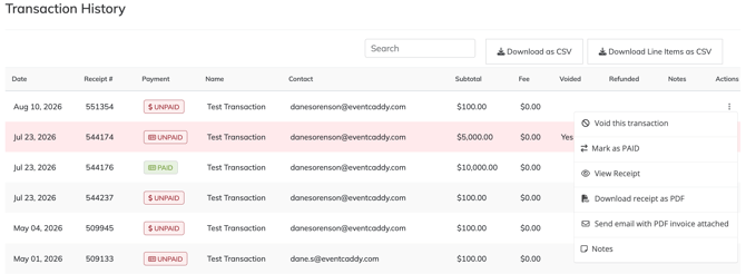 Event Caddy Transaction History showing purchaser transactions, payment status, search, and CSV export controls.