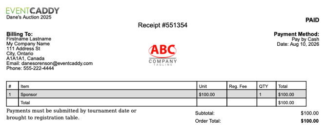 Paid Event Caddy transaction receipt showing billing information, payment method, purchased items, and order total.