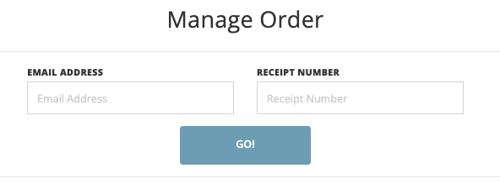 Tournament Website Manage Order page requesting the purchaser's email address and receipt number.