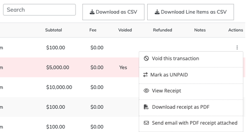 Event Caddy Transaction History Actions menu with Void this transaction.