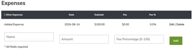 Event Caddy Expenses section showing estimated credit card processing fees and manual Other Expenses.
