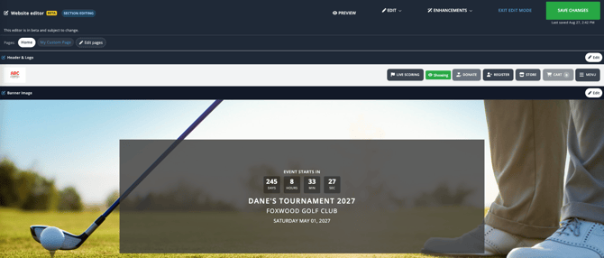 Event Caddy Inline Website Editor with Preview, Edit, Enhancements, and Save Changes controls above the Tournament Website preview.