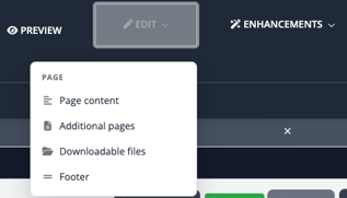 Inline Website Editor with an Additional Page selected and its available page editing options displayed.