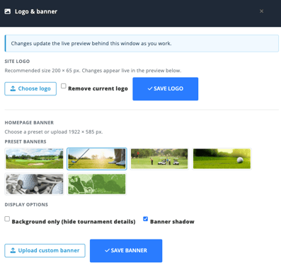 Inline Website Editor Logo and banner settings with Site Logo upload, preset banners, custom banner upload, Background only, and Banner shadow options.
