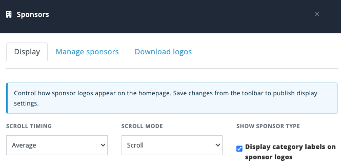 Inline Website Editor Sponsor Display settings with Scroll Timing, Scroll Mode, and Sponsor Category label controls.