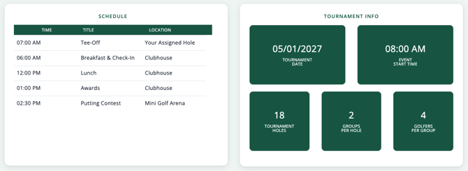 Tournament Website homepage showing the Schedule and Tournament Info components together, including date, start time, holes, groups per hole, and golfers per group.
