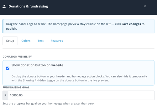 Inline Website Editor Donations and fundraising Setup tab with Show donation button on website and Fundraising Goal settings.