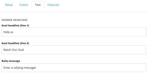 Donations and fundraising Text settings with two Goal headline fields and Rally message.