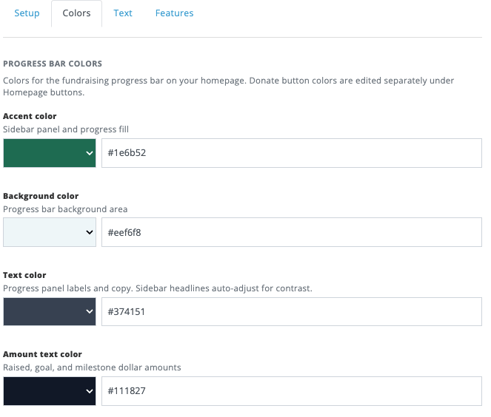 Donations and fundraising Colors settings for Accent color, Background color, Text color, and Amount text color.