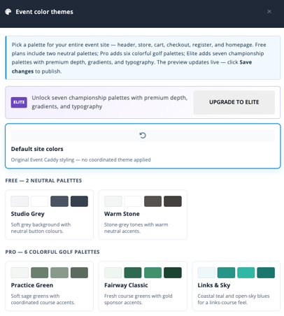 Inline Website Editor Event color themes with default, FREE, PRO, and ELITE website palette options.