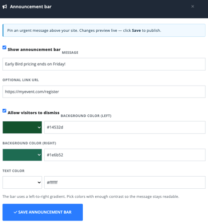 Inline Website Editor Announcement bar settings with message, optional link, visitor dismiss option, background colors, and text color..