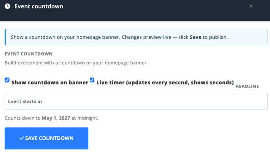 Inline Website Editor Event countdown settings with Show countdown on banner, Live timer, Headline, and countdown target information.
