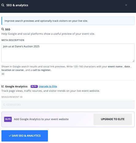 Inline Website Editor SEO and analytics settings with Meta Description and Google Analytics 4 Measurement ID fields.