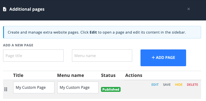 Inline Website Editor Additional pages panel with fields for Page title and Menu name and controls to edit, save, hide, delete, and reorder pages.