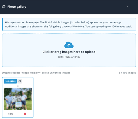 Inline Website Editor Photo gallery with image upload area, homepage image positions, visibility controls, and drag-to-reorder handles.