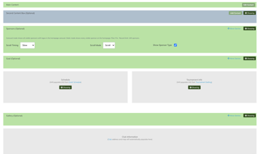 Event Caddy Website Editor Home Page tab with homepage sections, visibility controls, Sponsor display settings, Schedule, and Tournament Info.